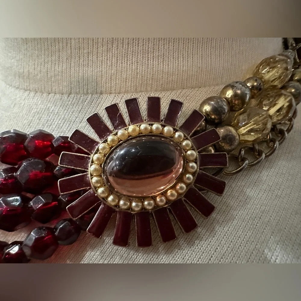 Vintage Multi-Strand Statement Necklace with Velvet Ribbon Accent, Burgundy